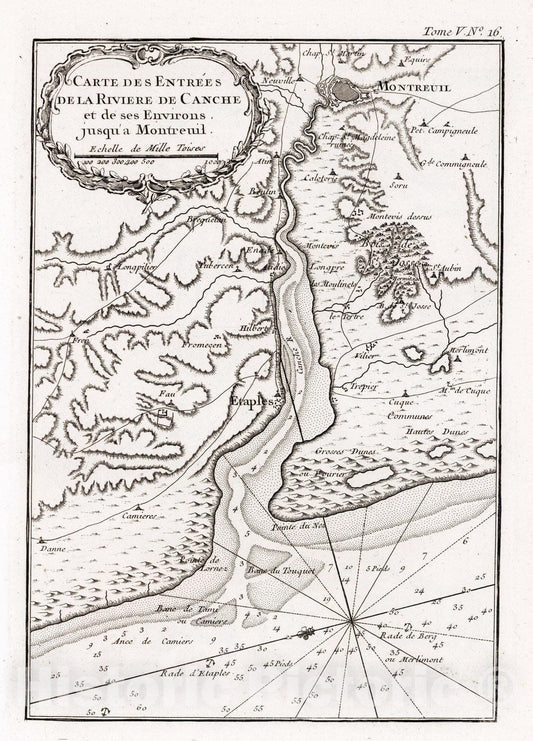 Historic Map : France , Montreuil France, 1764 Carte des entrees de la riviere de Canche et de ses environs jusqu'a, Montreuil. , Vintage Wall Art