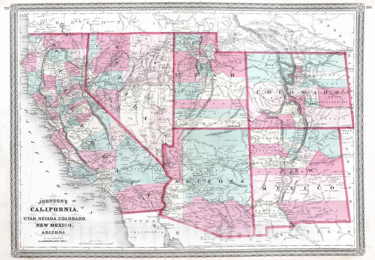 Historic Map : 1870 California, Utah, Nevada, Colorado, New Mexico, and Arizona. - Vintage Wall Art
