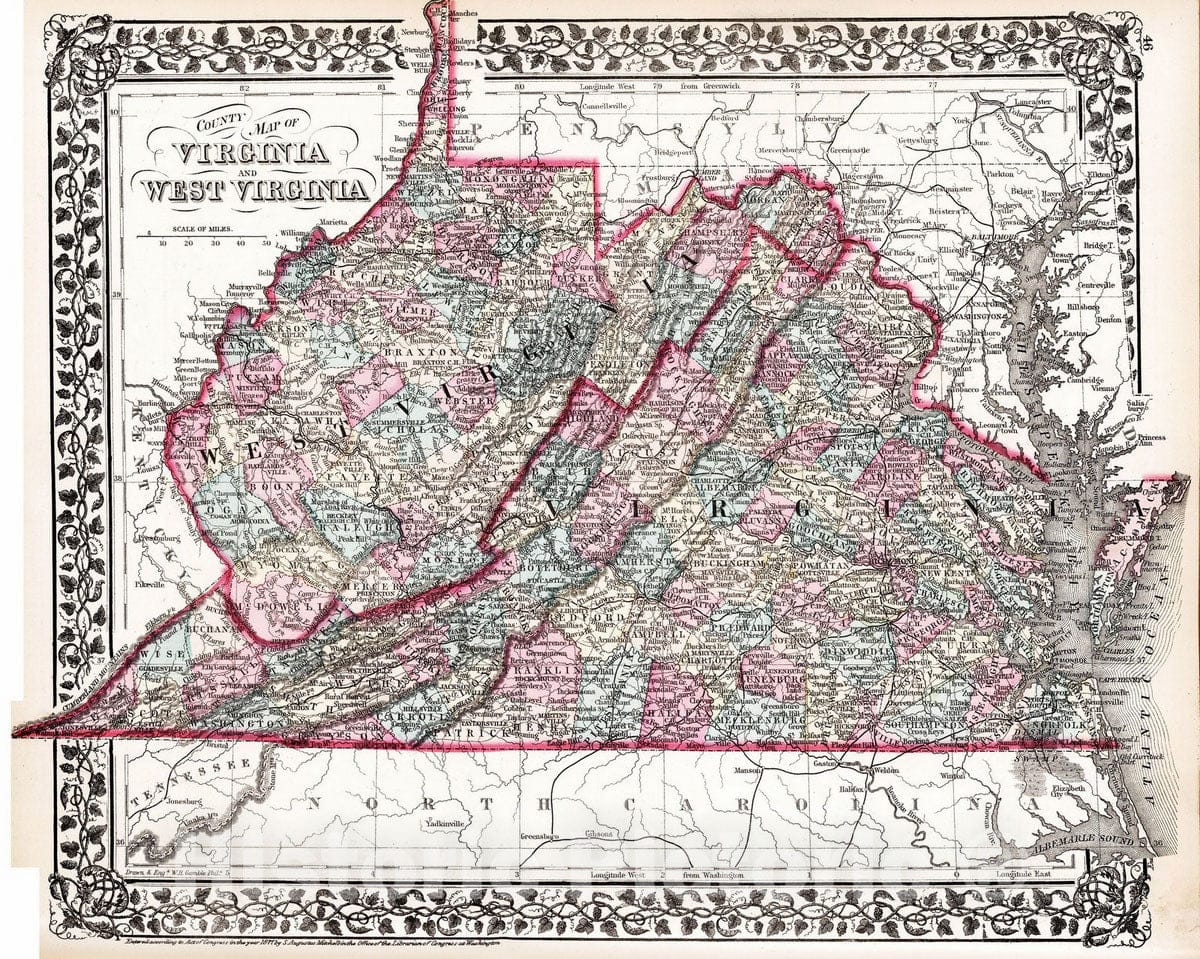 Historic Map : 1877 County map of Virginia and West Virginia - Vintage Wall Art