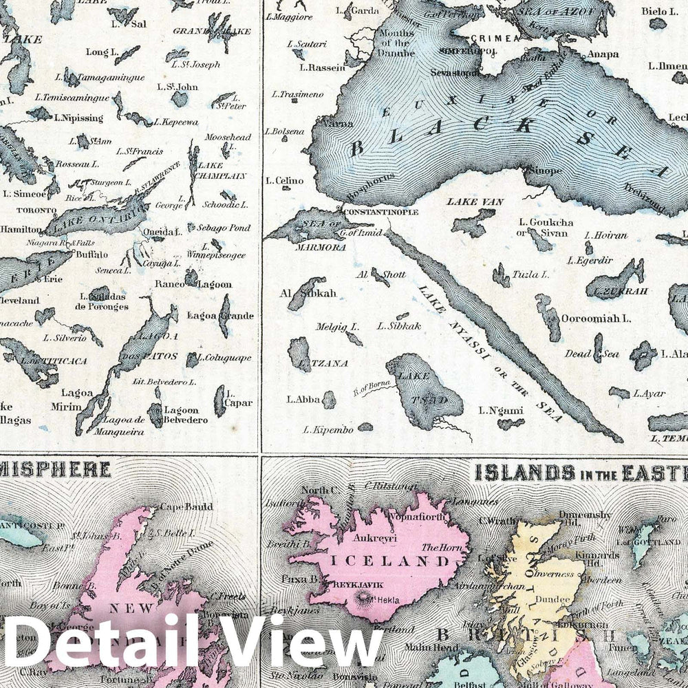 Historic Map : 1865 Comparative Size of Lakes and Islands. - Vintage Wall Art