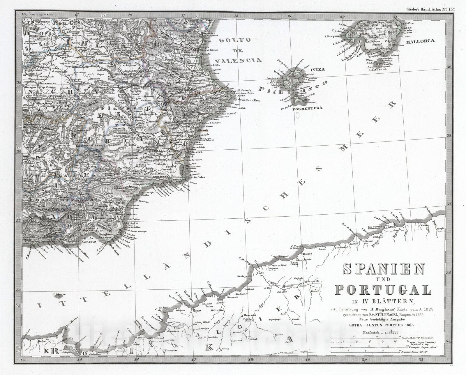 Historic Map : Spain; Portugal, Iberian Peninsula 1865 Spanien und Portugal in IV Blattern. (Spain and Portugal). v3 , Vintage Wall Art