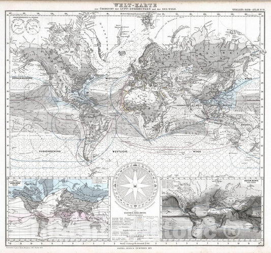 Historic Map : 1870 Welt-Karte zur Ubersicht der Luft-Stromungen und der See-Wege. (Winds and Sea Routes). - Vintage Wall Art