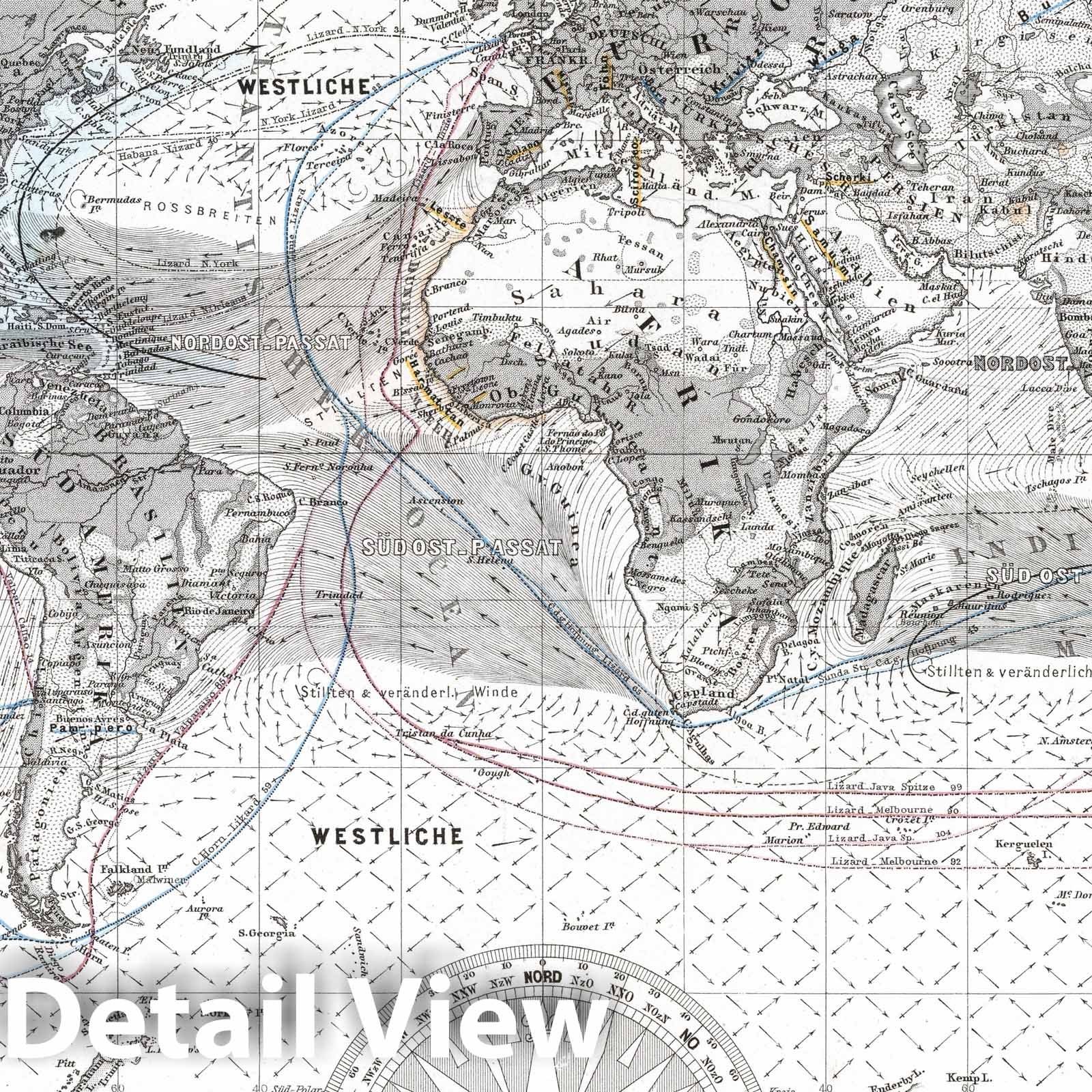 World Map 1870 - Stieler's Hand-Colored Atlas Plate (Wind Patterns & Sea Routes)