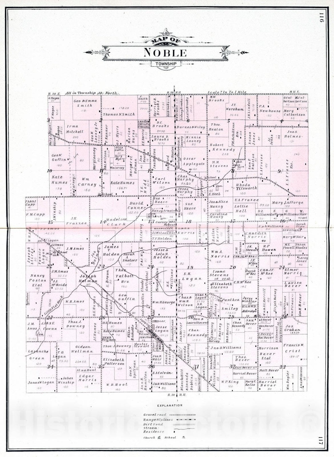 Historic Map : 1908 Noble Township, Rush County, Indiana. - Vintage Wall Art