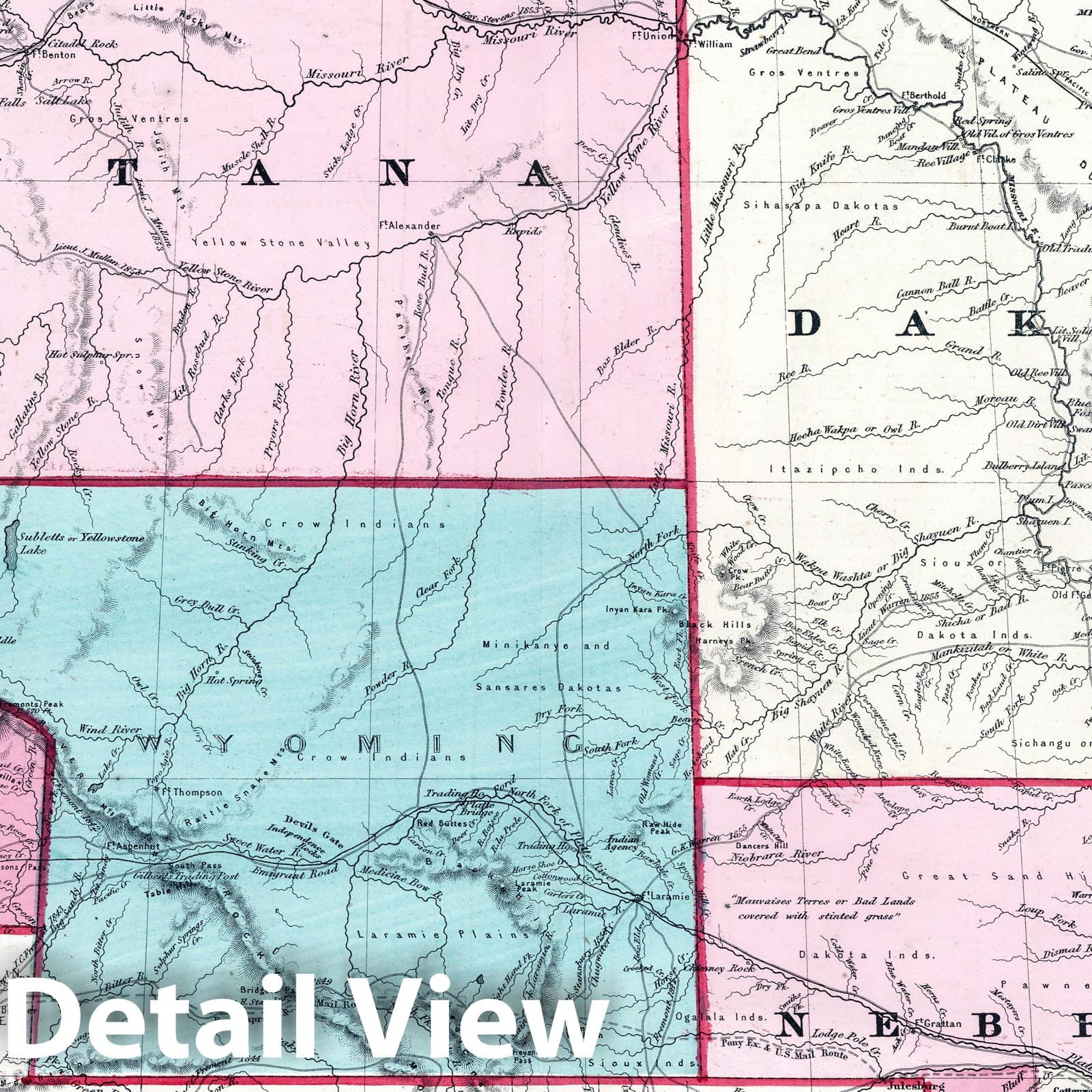 Nebraska, Dakota, Idaho, and Montana - Physical Map, 1865 - Historical Map Print