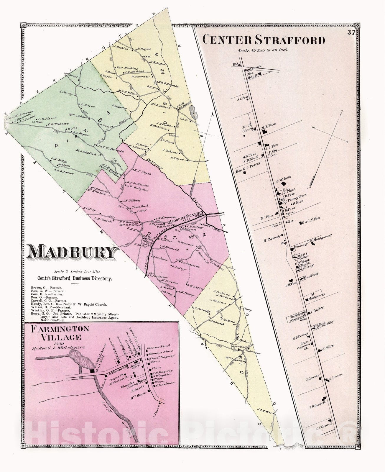 Historic Map : 1871 Madbury, Strafford County, New Hampshire. Center Strafford. Farmington Village. - Vintage Wall Art