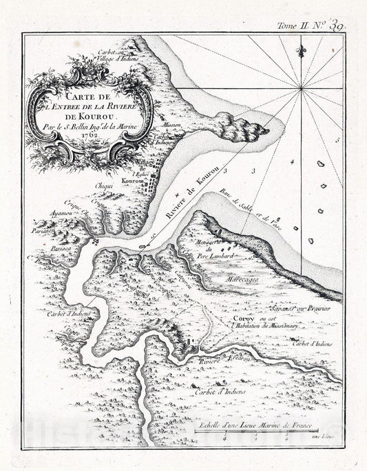 Historic Map : French Guiana, 1762 Carte De L'Entree De La Riviere De Kourou , Vintage Wall Art