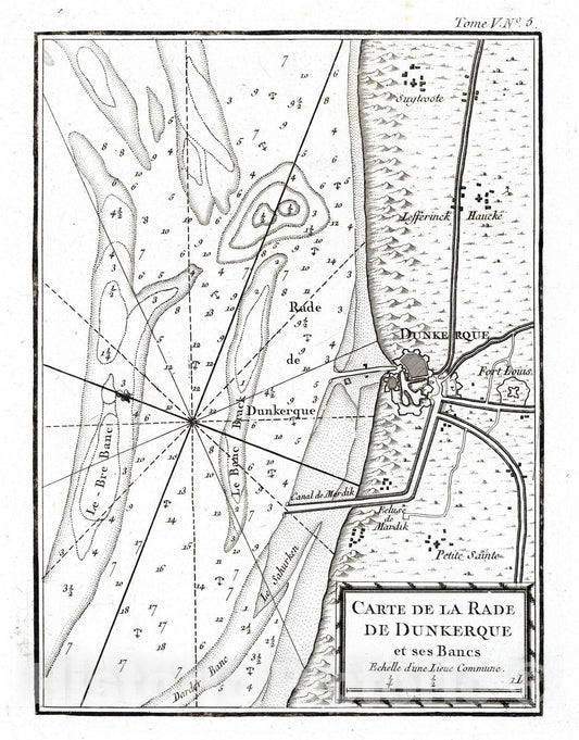 Historic Map : France , Dunkirk France, 1764 Carte de la rade de Dunkerque et ses bancs. , Vintage Wall Art