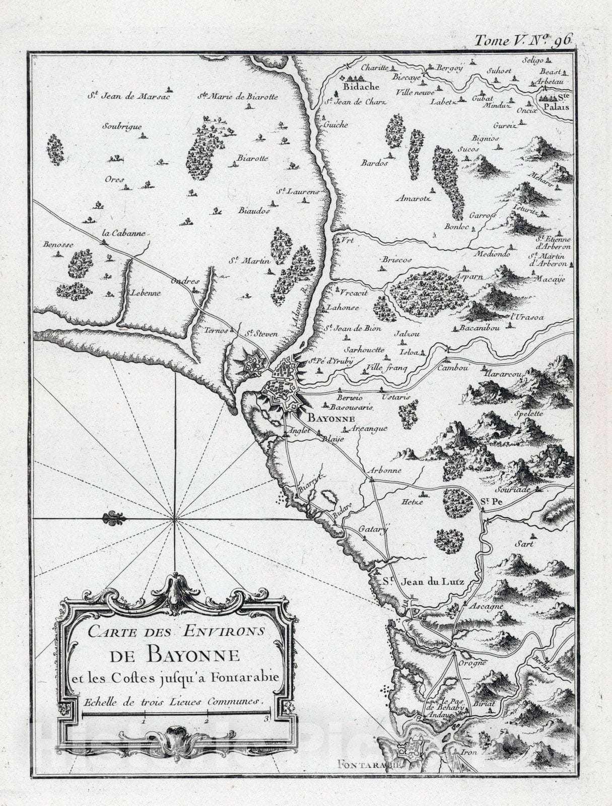 Historic Map : France , Bayonne France, Gascogne 1764 Carte des environs de Bayonne et les costes jusqu'a Fontarabie. , Vintage Wall Art
