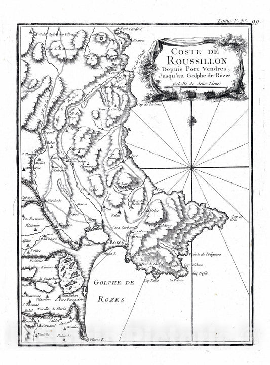 Historic Map : France, Languedoc , France 1764 Coste de Roussillon depuiS Port Vendres, jusqu'au golphe de Rozes. , Vintage Wall Art