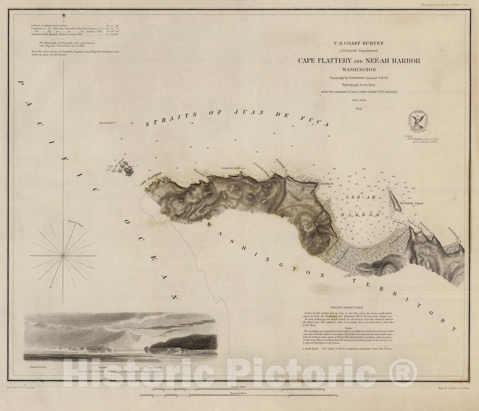 Historic Map : 1853 Cape Flattery and Nee-Ah Harbor, Washington - Vintage Wall Art