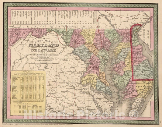 Historic Map : 1853 A New Map of Maryland and Delaware - Vintage Wall Art