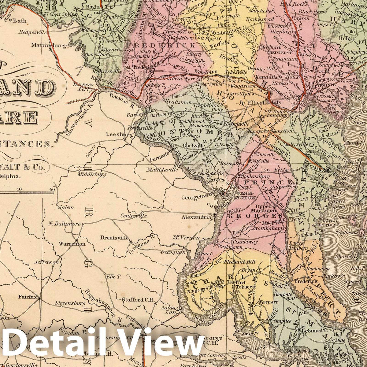 Maryland and Delaware - Road Map, 1853 - Historical Map Print