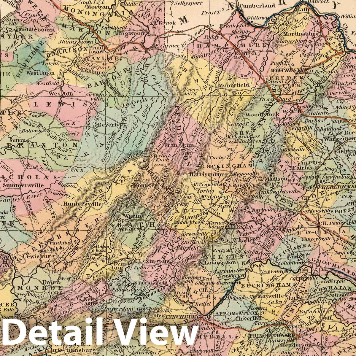 Virginia with Canals, Roads and Distances - Railroad Map, 1853