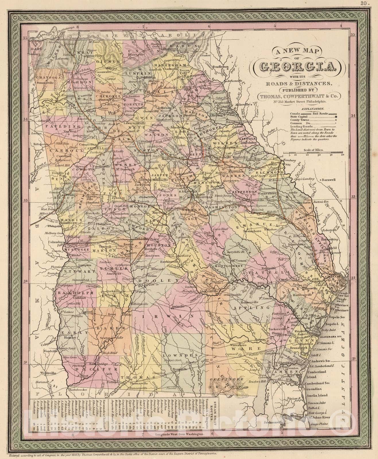 Historic Map : 1853 A New Map of Georgia - Vintage Wall Art