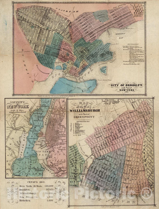 Historic Map : 1851 Brooklyn, Vicinity of New York and Williamsburgh - Vintage Wall Art