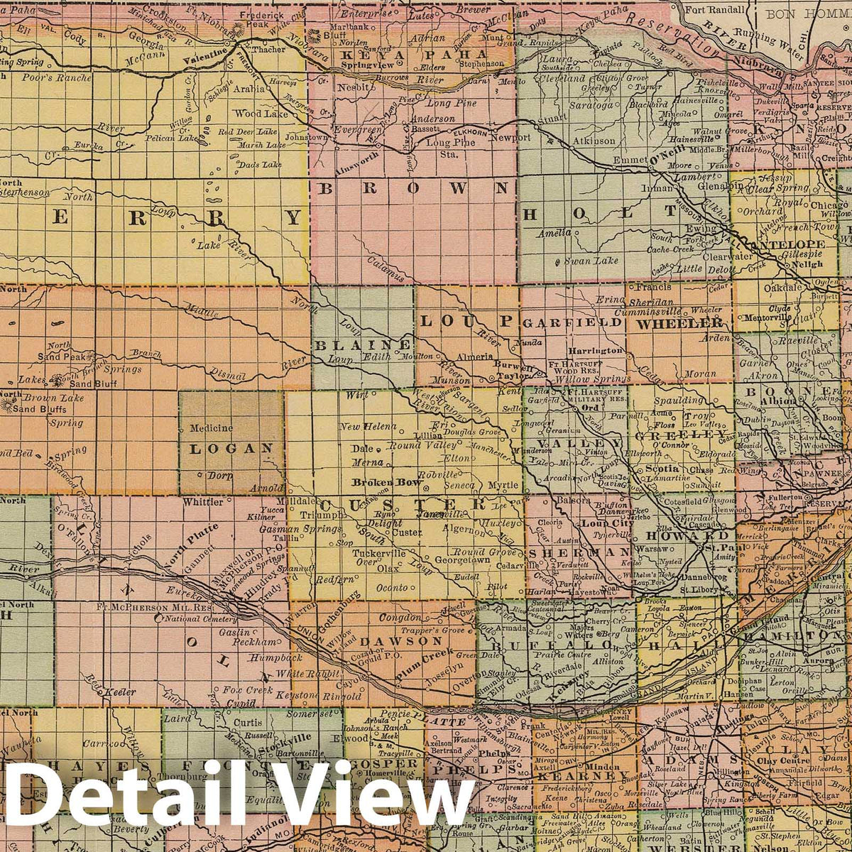 Nebraska - Railroad Map, 1886 - Rand McNally Historical Print