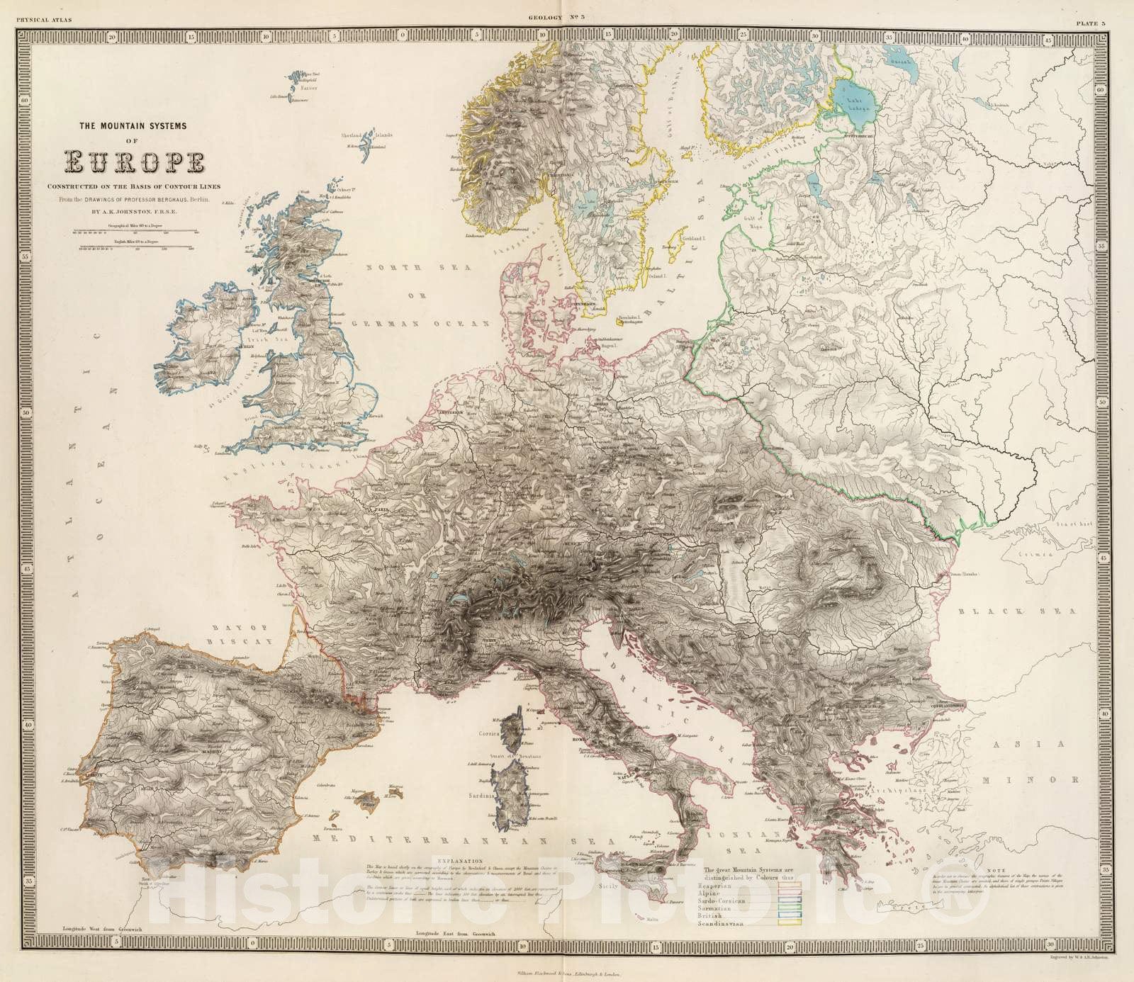 Historic Map : 1854 Mountains of Europe. - Vintage Wall Art
