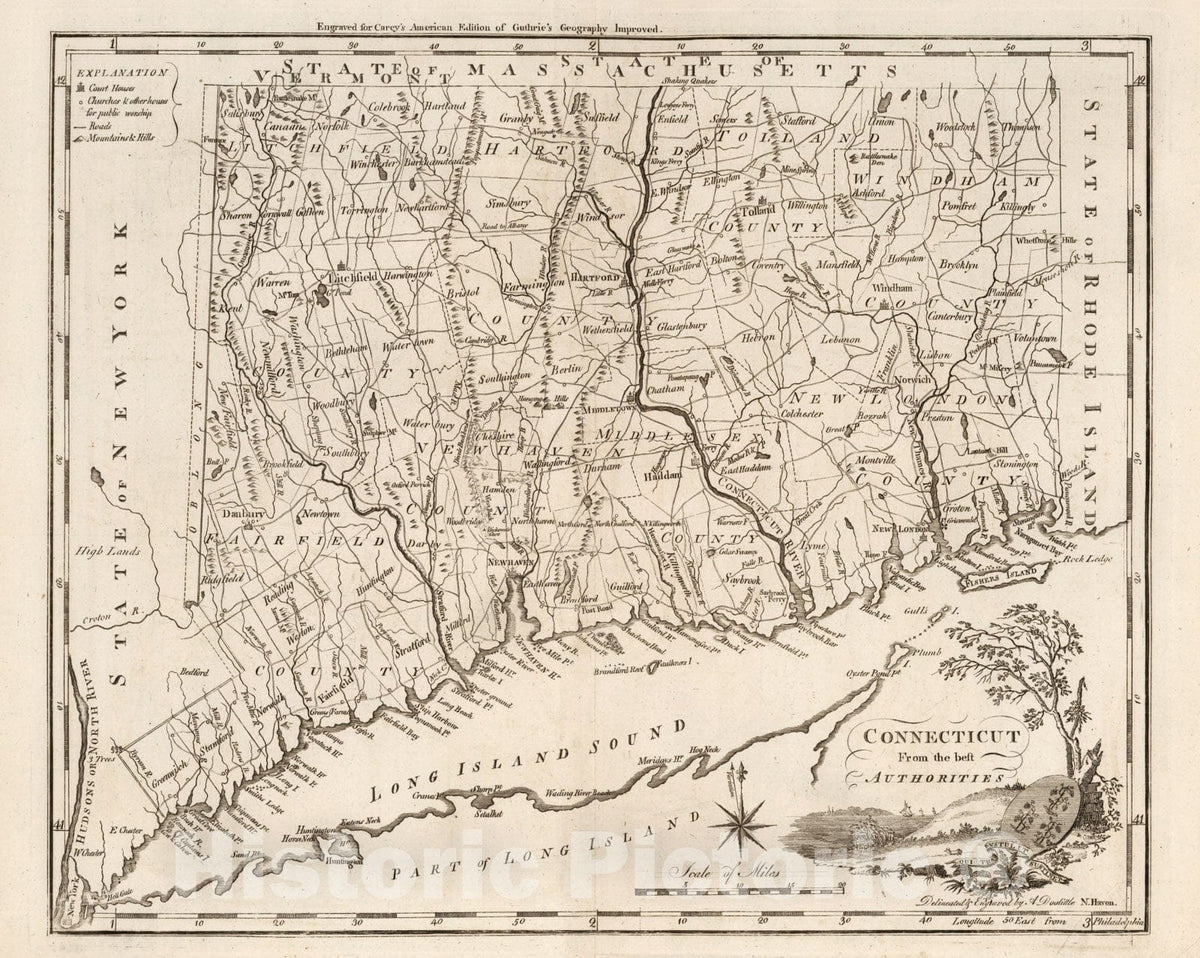 Historic Wall Map : 1795 Connecticut. - Vintage Wall Art