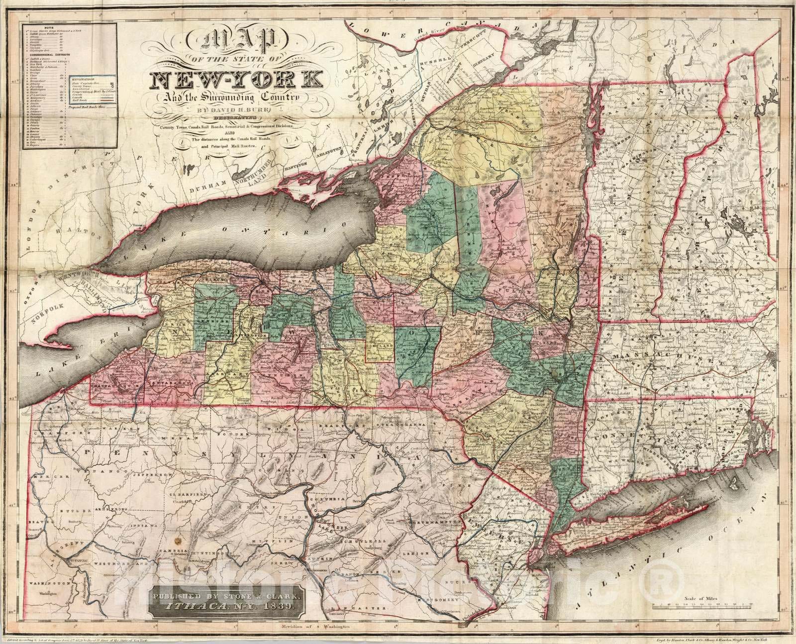 New York State with New York, Queens, Kings, and Richmond Counties, 1839 - Historical Map Print
