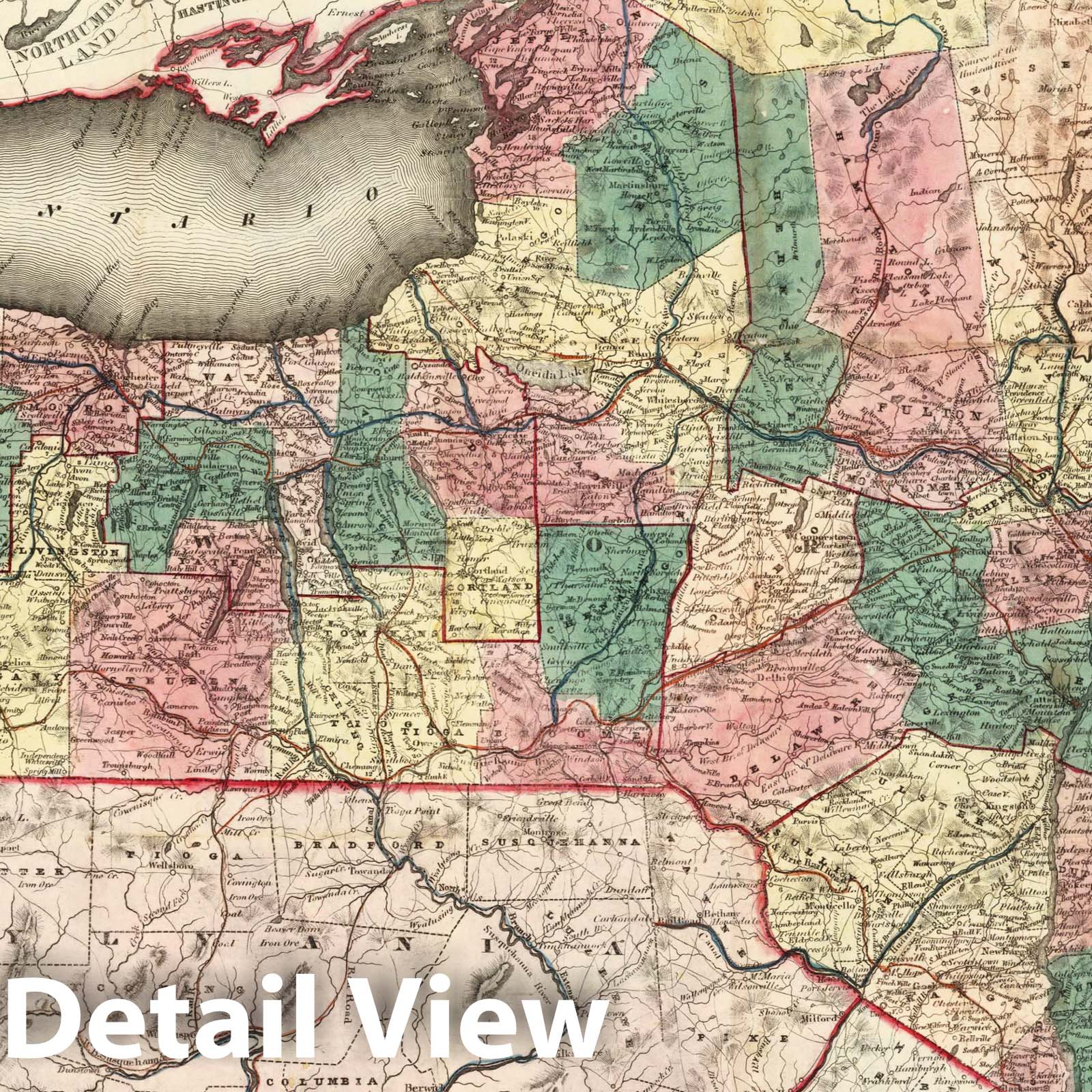 New York State with New York, Queens, Kings, and Richmond Counties, 1839 - Historical Map Print