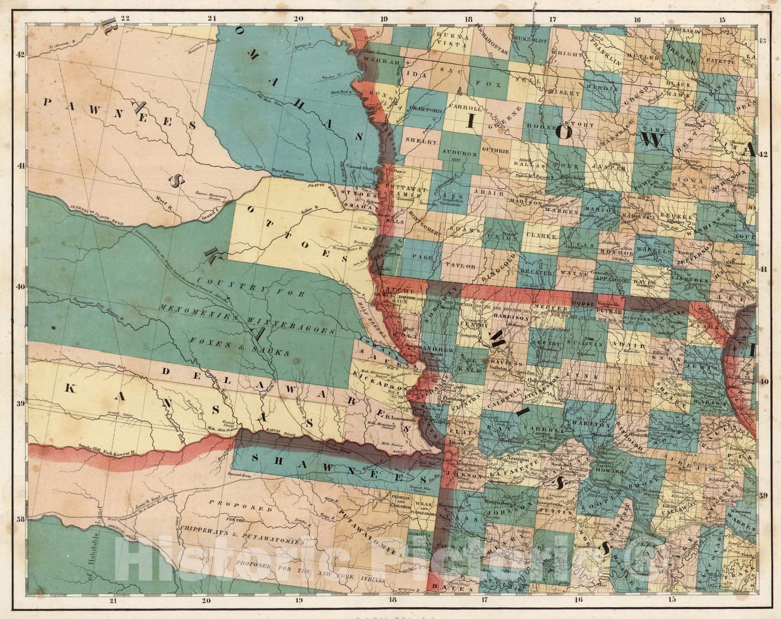 Historic Map : National Atlas - 1852 Nebraska, Kansas, Iowa, Missouri. - Vintage Wall Art