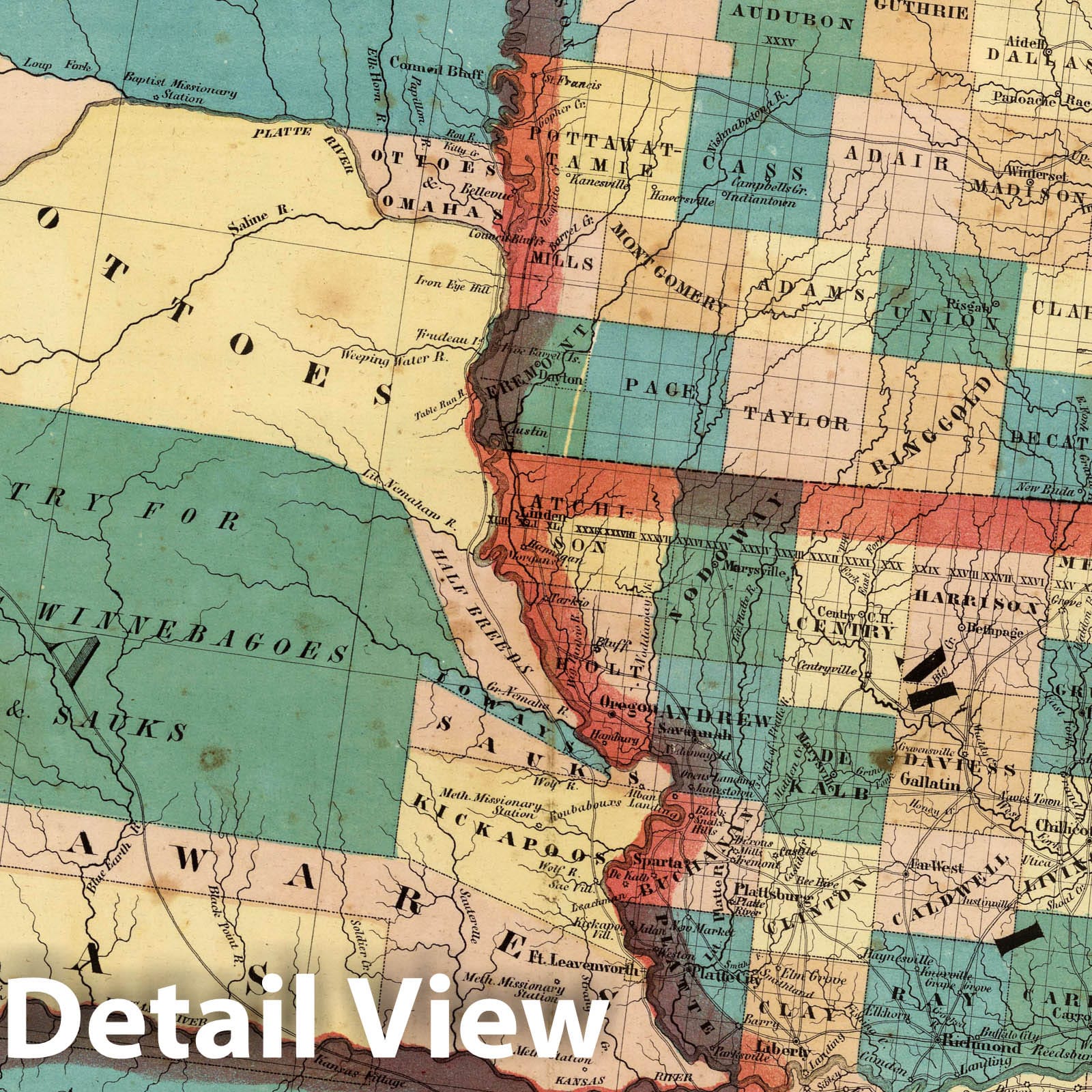 Nebraska, Kansas, Iowa, Missouri 1852 Historical Map Print