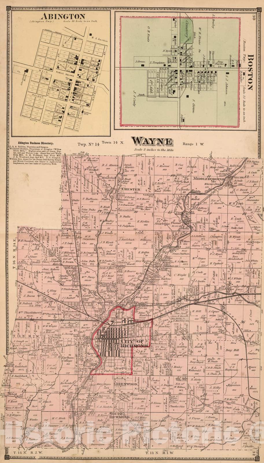 Historic Map : 1874 Wayne Township, Wayne County, Indiana. Boston. Abington. - Vintage Wall Art