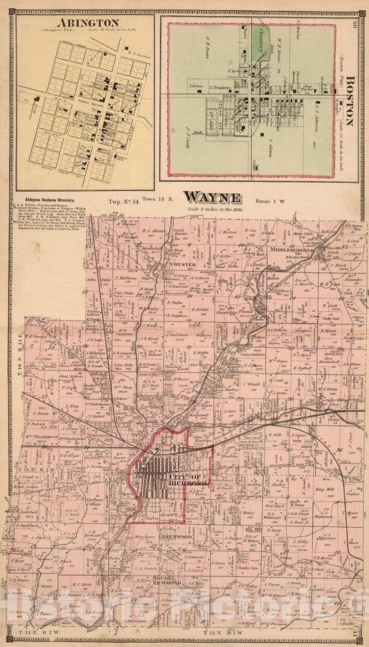 Historic Map : 1874 Wayne Township, Wayne County, Indiana. Boston. Abington. - Vintage Wall Art