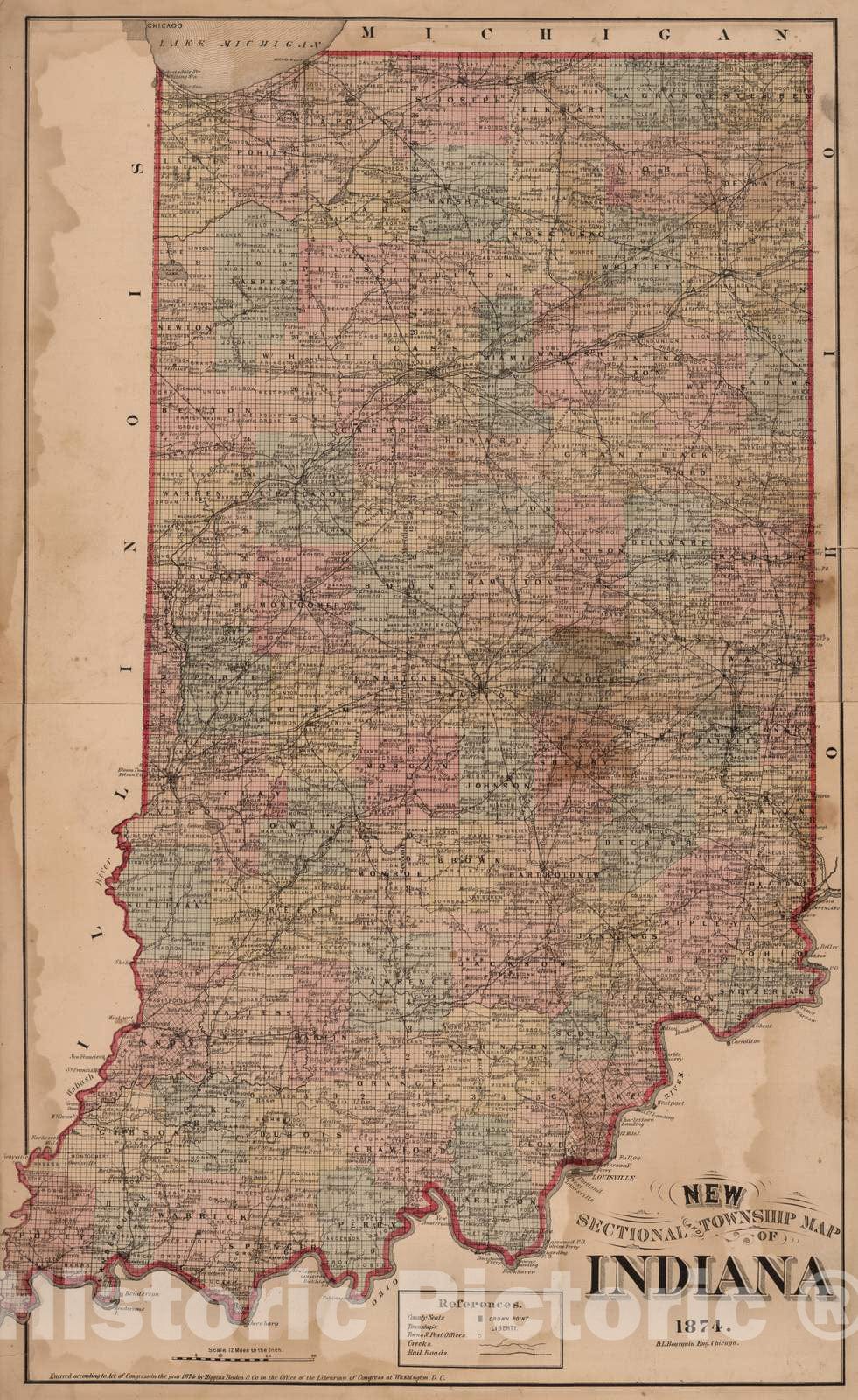 Historic Map : 1874 New Sectional and Township Map of Indiana. v1 - Vintage Wall Art