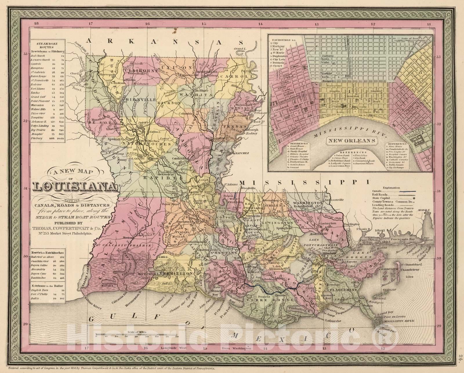 Historic Map : 1853 A New Map of Louisiana - Vintage Wall Art