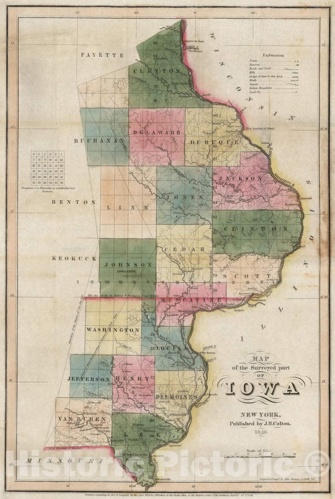 Historic Map : Guide Book - 1840 Map of The Surveyed Part of Iowa - Vintage Wall Art