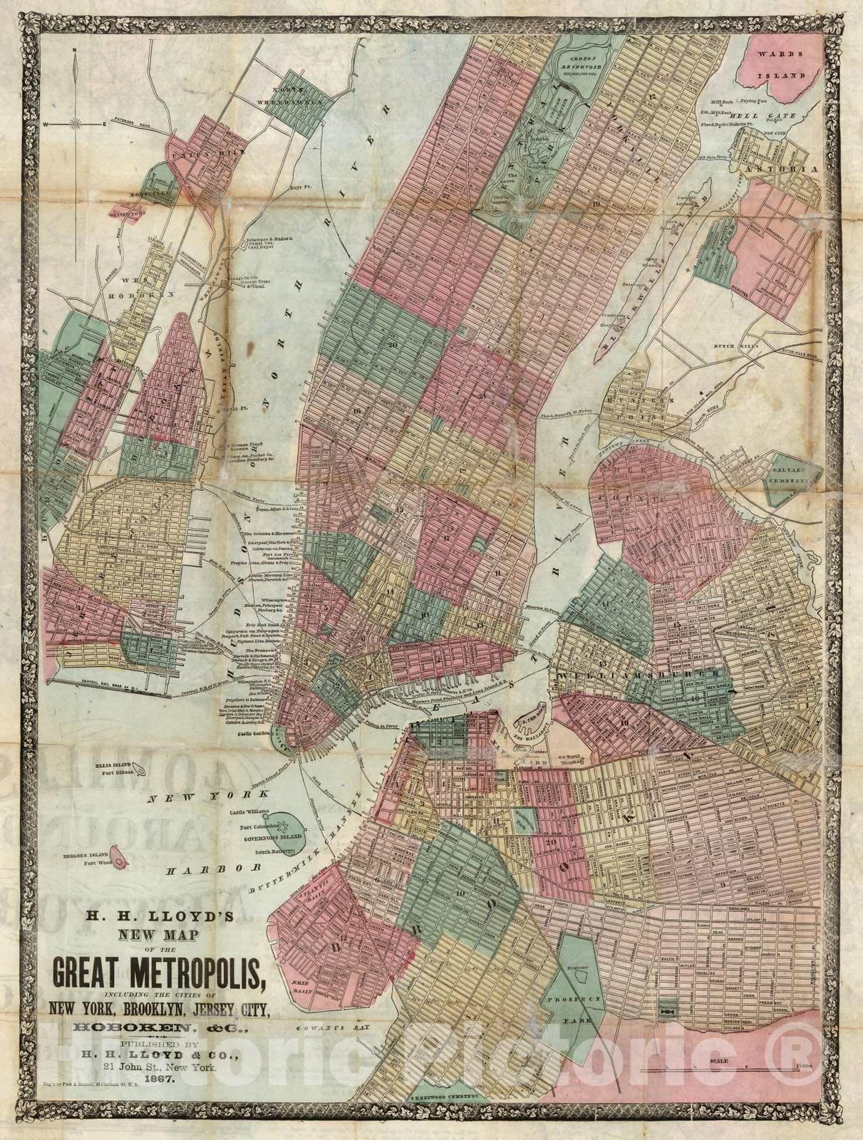 New York, Brooklyn, Jersey City, Hoboken - Road Map, 1867 - Historical Map Print