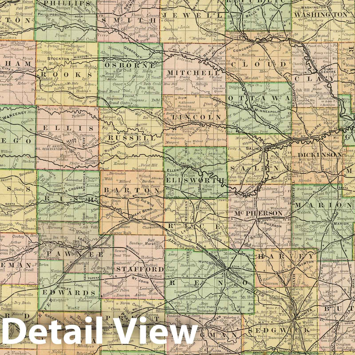 Rand, McNally & Co.'s Kansas 1892 Railroad Map - Historical Map Print