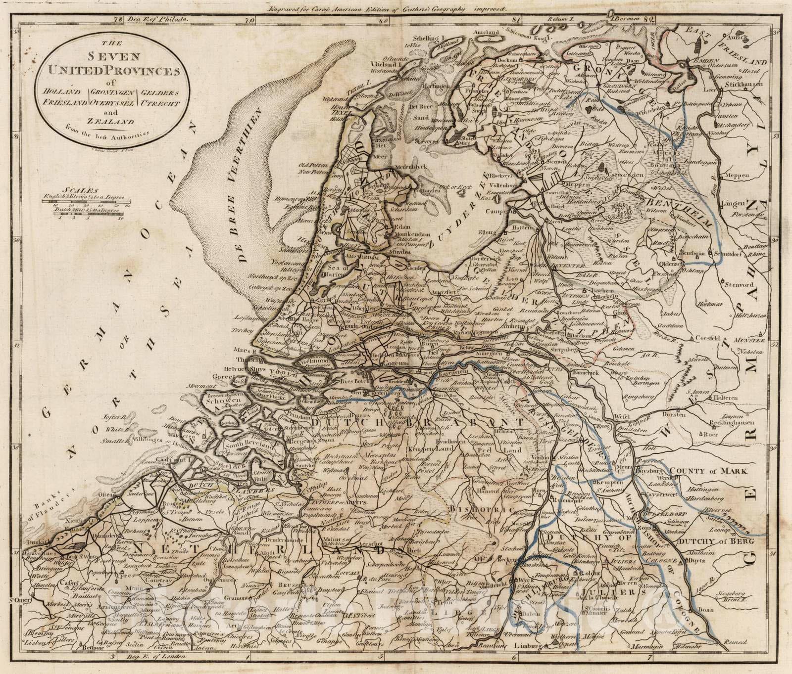 Seven United Provinces of Holland: Groningen, Gelders, Friesland, Overyssel, Utrecht, and Zealand, 1795 - Historical Map Print