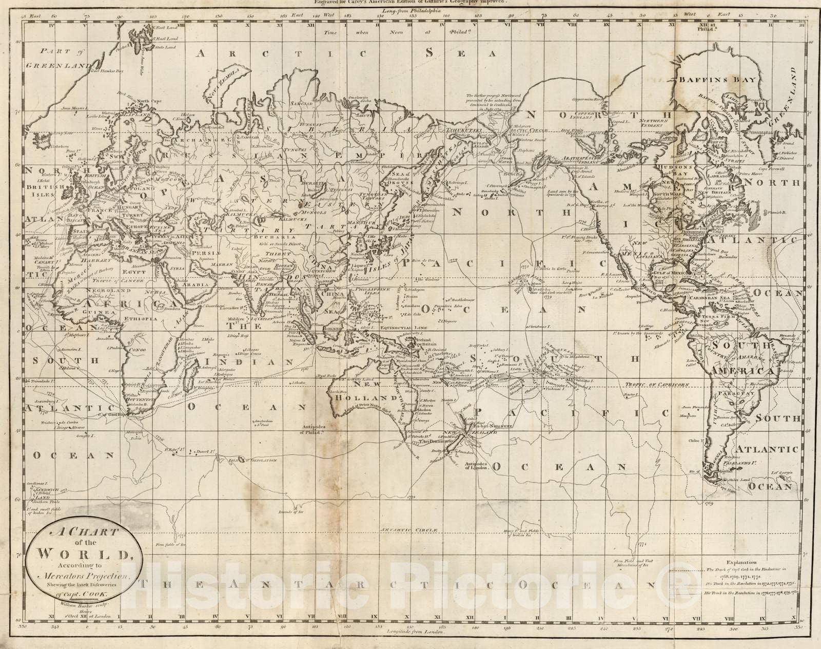 Historic Map : 1795 A Chart of The World According to Mercators Projection. - Vintage Wall Art