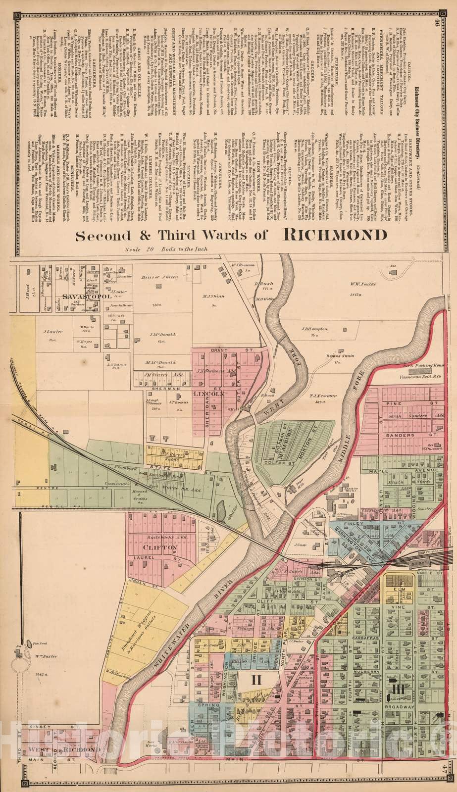 Historic Map : 1874 Second and Third Wards of Richmond, Wayne County, Indiana. - Vintage Wall Art