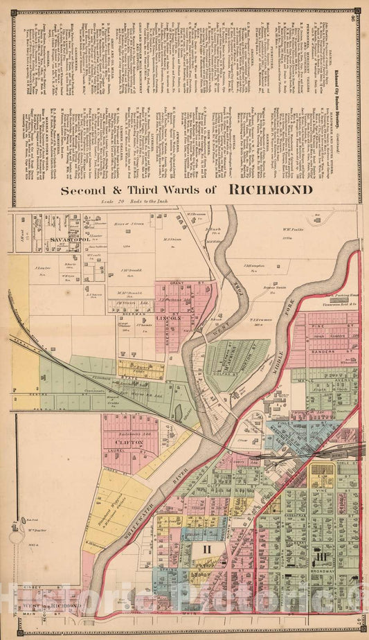 Historic Map : 1874 Second and Third Wards of Richmond, Wayne County, Indiana. - Vintage Wall Art