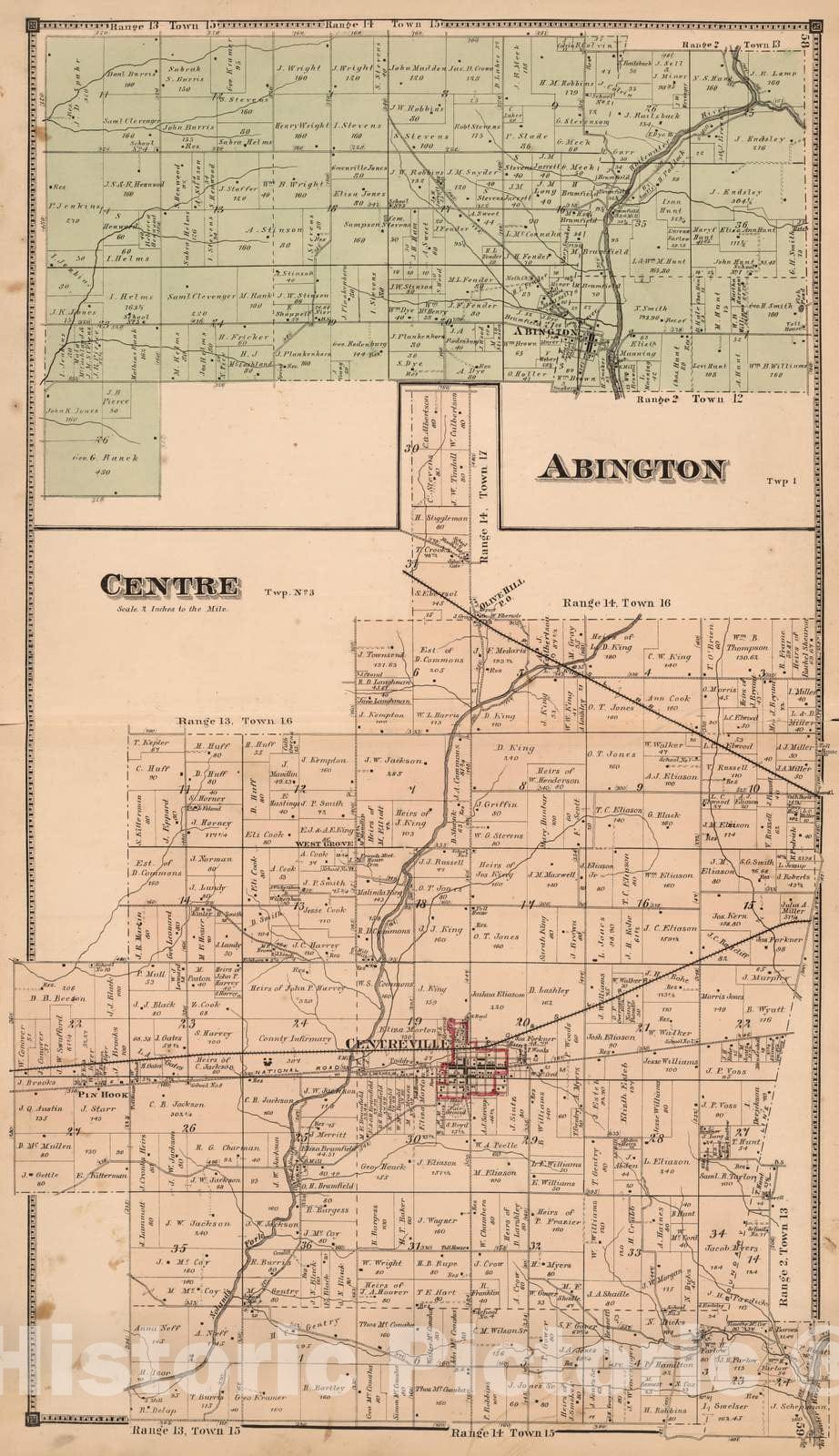 Historic Map : 1874 Abington and Centre Townships, Wayne County, Indiana. - Vintage Wall Art