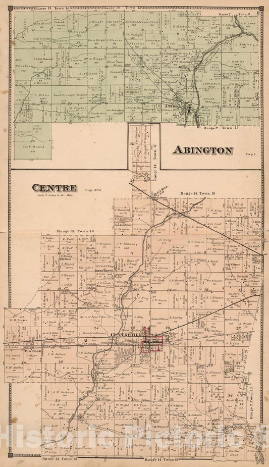 Historic Map : 1874 Abington and Centre Townships, Wayne County, Indiana. - Vintage Wall Art