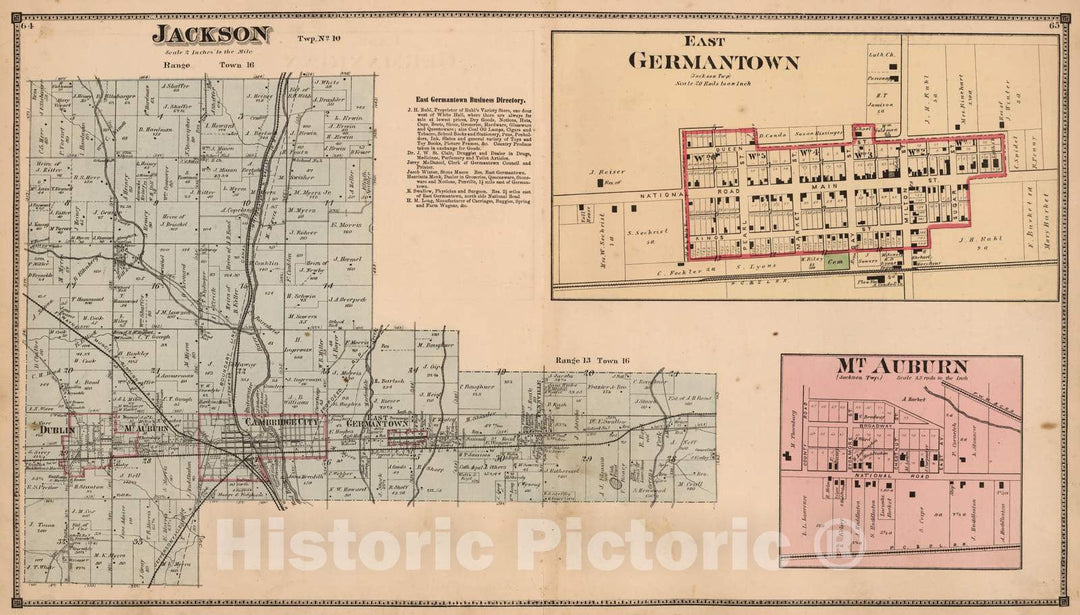 Historic Map : 1874 Jackson, Wayne County, Indiana. East Germantown. Mt. Auburn. - Vintage Wall Art