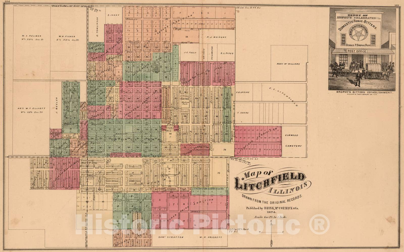 Historic Wall Map : 1874 Litchfield, Illinois. - Vintage Wall Art