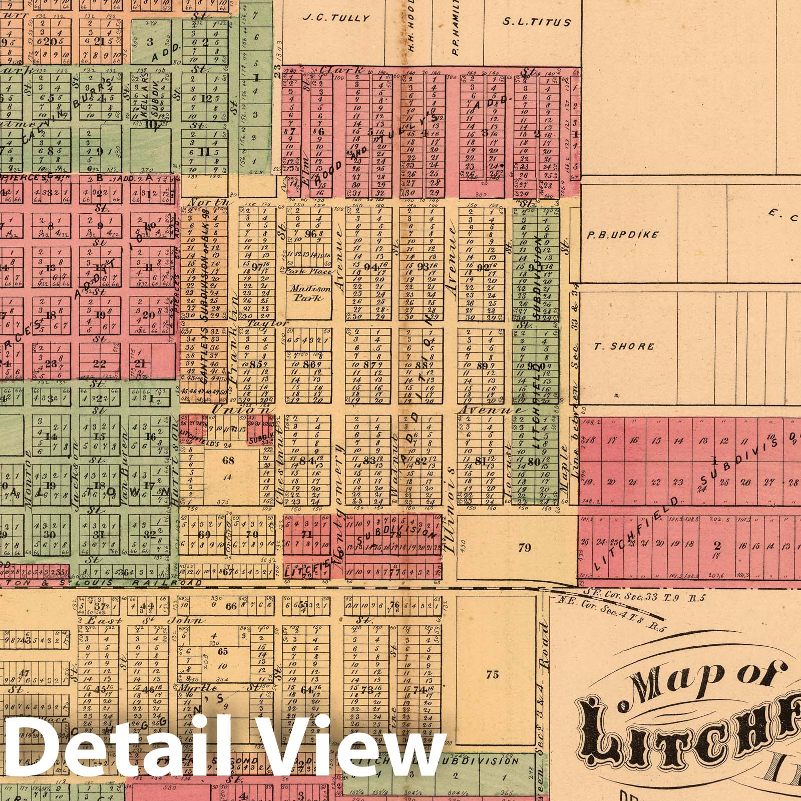 Historic Wall Map : 1874 Litchfield, Illinois. - Vintage Wall Art