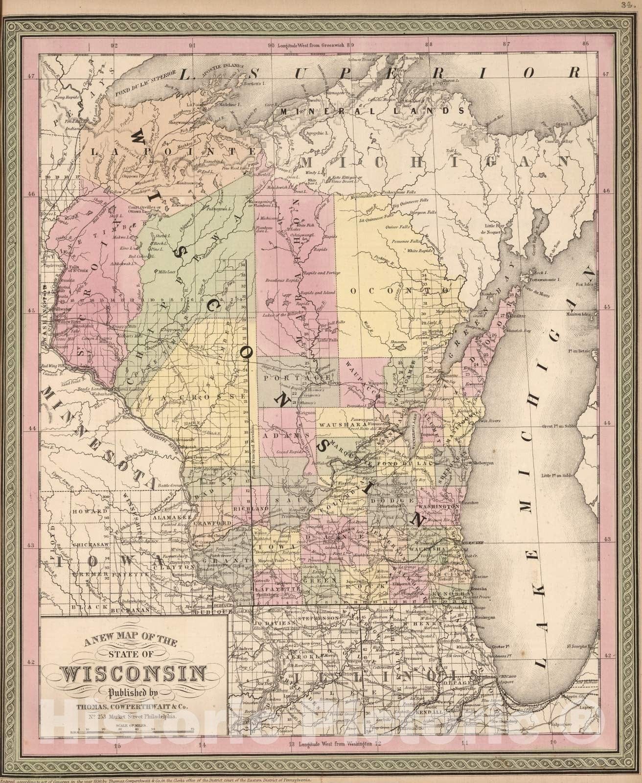 Wisconsin, 1853 - Historical Map Print
