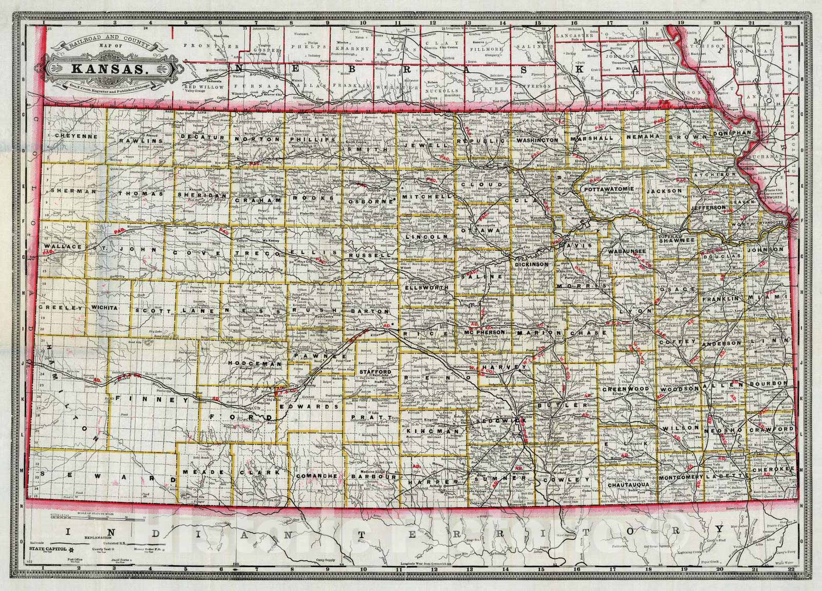 Historic Map : 1885 Railroad and County Map of Kansas - Vintage Wall Art