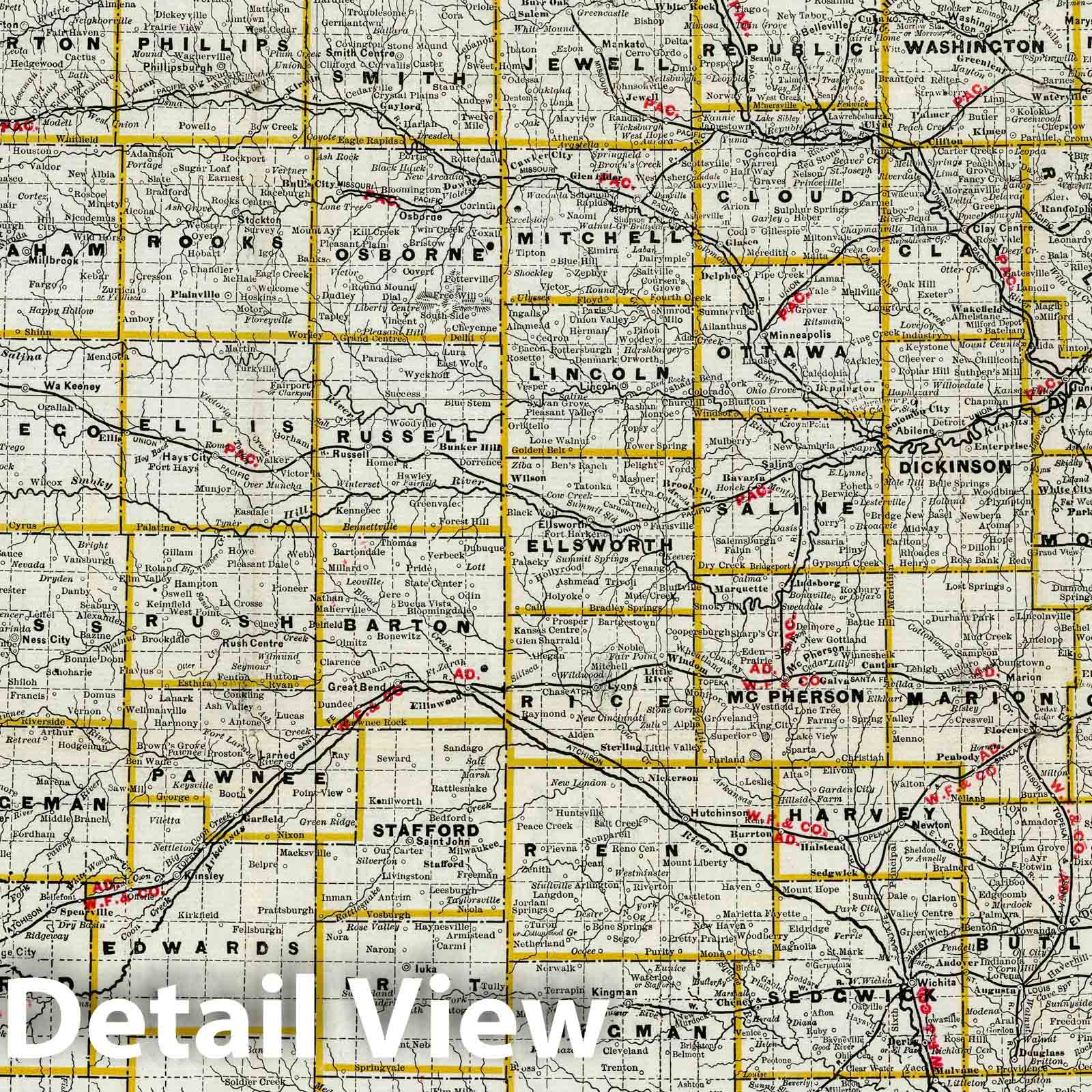 Kansas - Railroad Map, 1885 - Historical Map Print