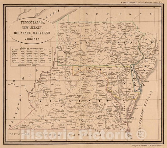 Historic Map : National Atlas - 1851 Pennsylvania, New Jersey, Delaware, Maryland en Virginia. - Vintage Wall Art