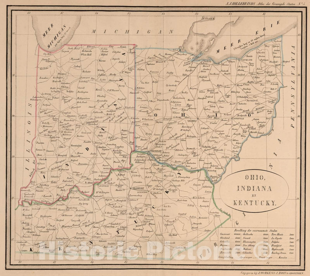 Historic Map : National Atlas - 1851 Ohio, Indiana en Kentucky. - Vintage Wall Art