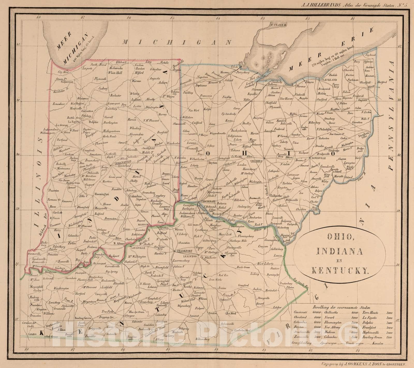 Historic Map : National Atlas - 1851 Ohio, Indiana en Kentucky. - Vintage Wall Art