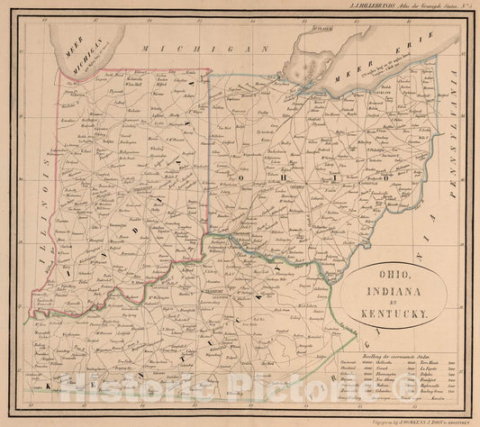 Historic Map : National Atlas - 1851 Ohio, Indiana en Kentucky. - Vintage Wall Art